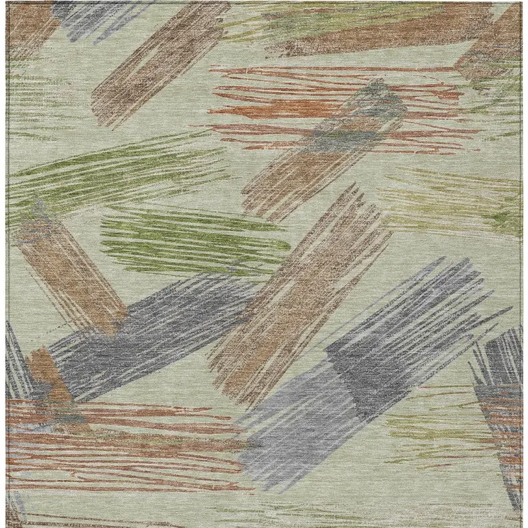 5' X 8' Artichoke Green Copper And Gray Striped Washable Indoor Outdoor Area Rug