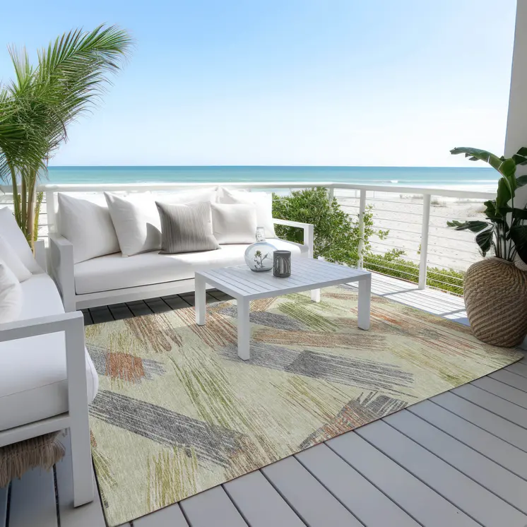 5' X 8' Artichoke Green Copper And Gray Striped Washable Indoor Outdoor Area Rug