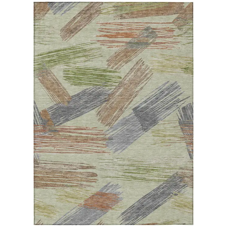 5' X 8' Artichoke Green Copper And Gray Striped Washable Indoor Outdoor Area Rug