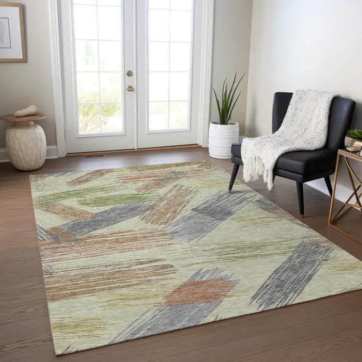 5' X 8' Artichoke Green Copper And Gray Striped Washable Indoor Outdoor Area Rug