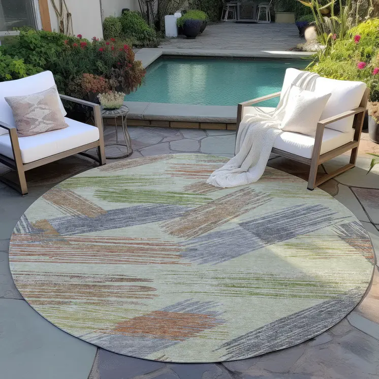 8' Artichoke Green Copper And Gray Round Striped Washable Indoor Outdoor Area Rug
