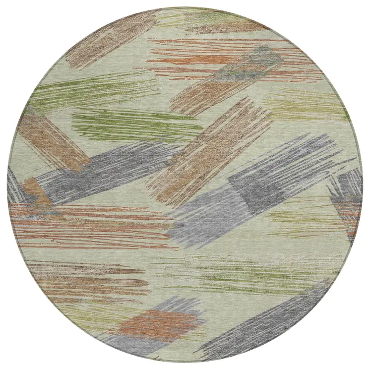 8' Artichoke Green Copper And Gray Round Striped Washable Indoor Outdoor Area Rug