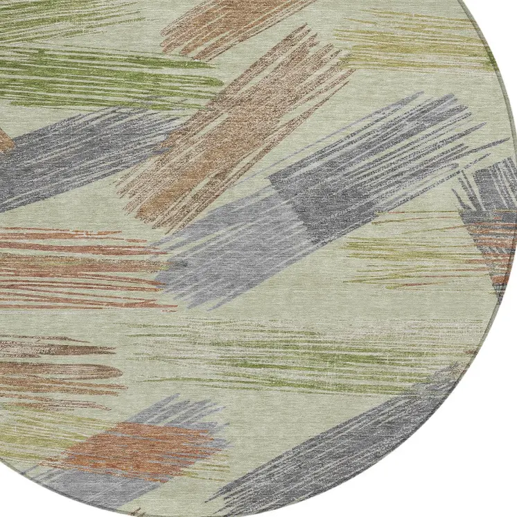 8' Artichoke Green Copper And Gray Round Striped Washable Indoor Outdoor Area Rug