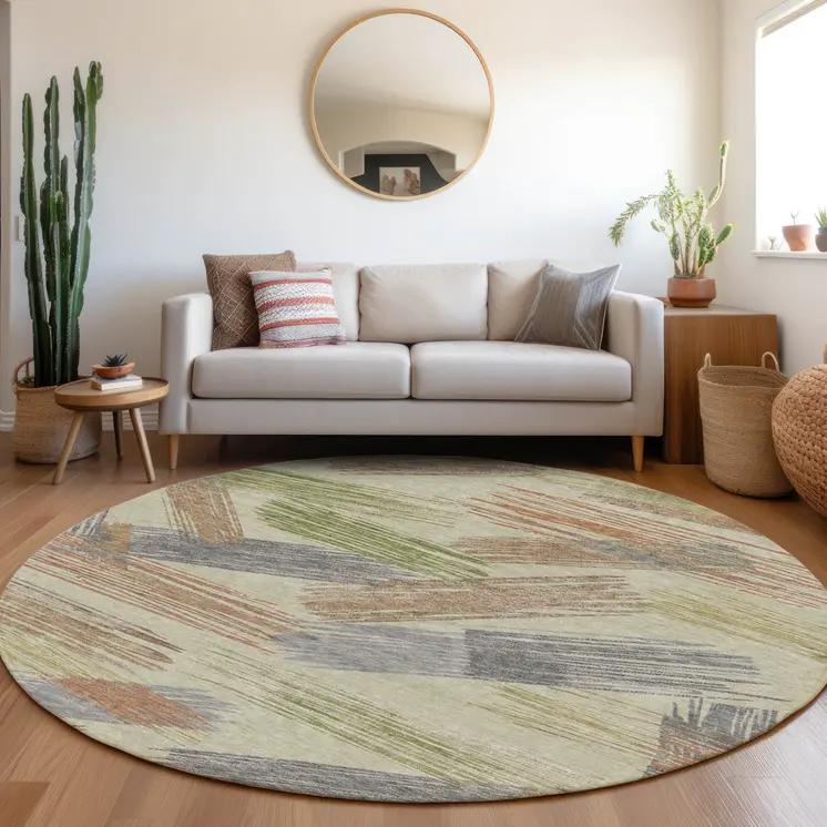 8' Artichoke Green Copper And Gray Round Striped Washable Indoor Outdoor Area Rug