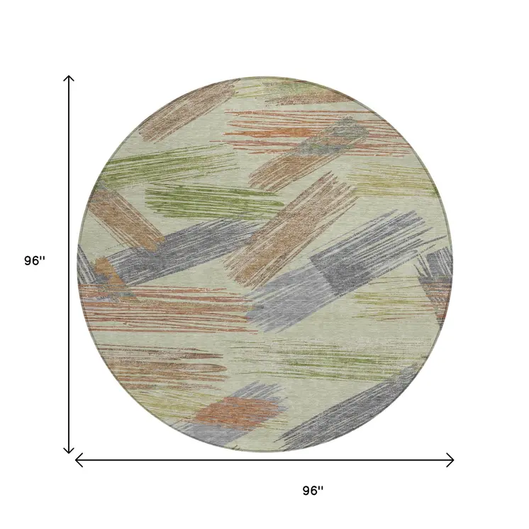 8' Artichoke Green Copper And Gray Round Striped Washable Indoor Outdoor Area Rug