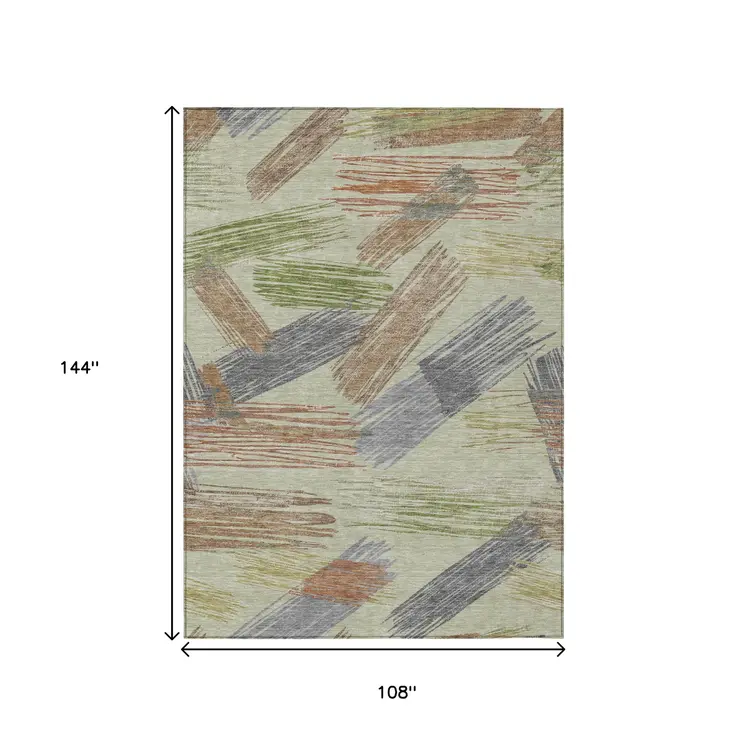 9' X 12' Artichoke Green Copper And Gray Striped Washable Indoor Outdoor Area Rug