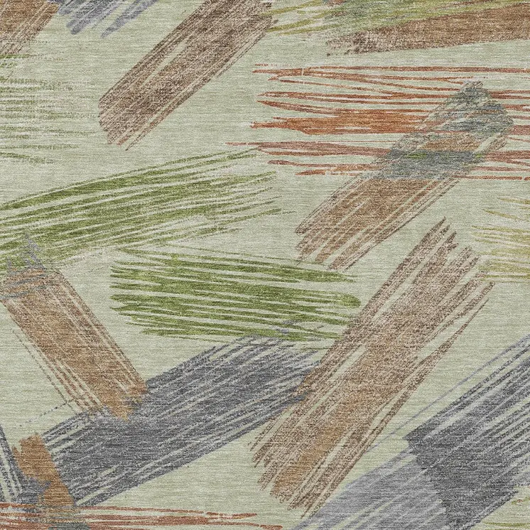 9' X 12' Artichoke Green Copper And Gray Striped Washable Indoor Outdoor Area Rug