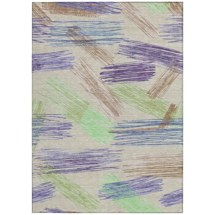 3' X 5' Beige Purple And Taupe Striped Washable Indoor Outdoor Area Rug