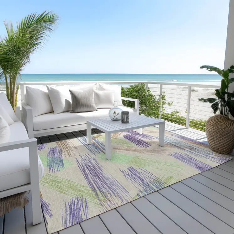 3' X 5' Beige Purple And Taupe Striped Washable Indoor Outdoor Area Rug