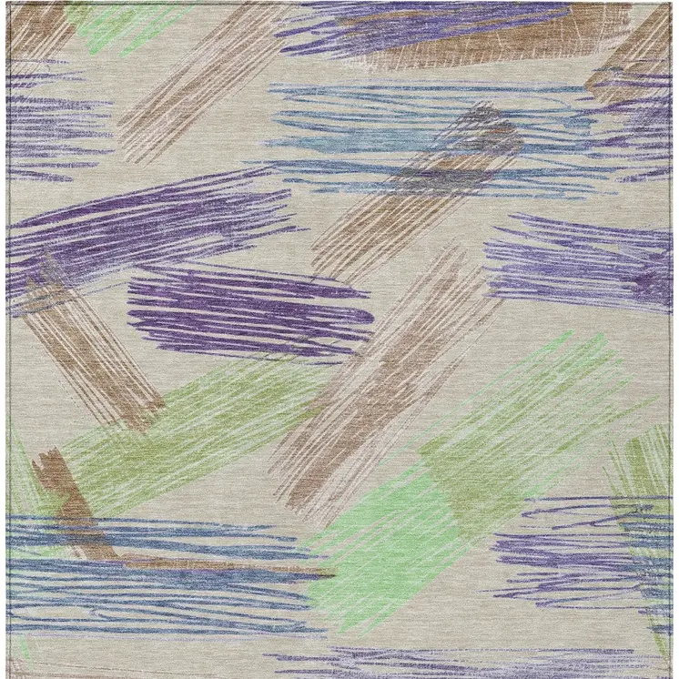 3' X 5' Beige Purple And Taupe Striped Washable Indoor Outdoor Area Rug
