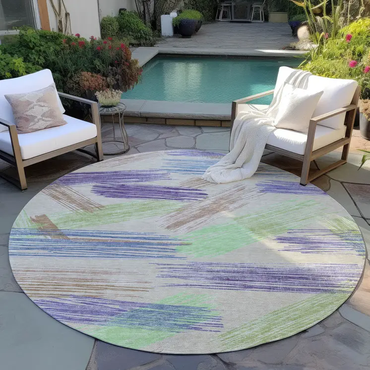 8' Beige Purple And Taupe Round Striped Washable Indoor Outdoor Area Rug