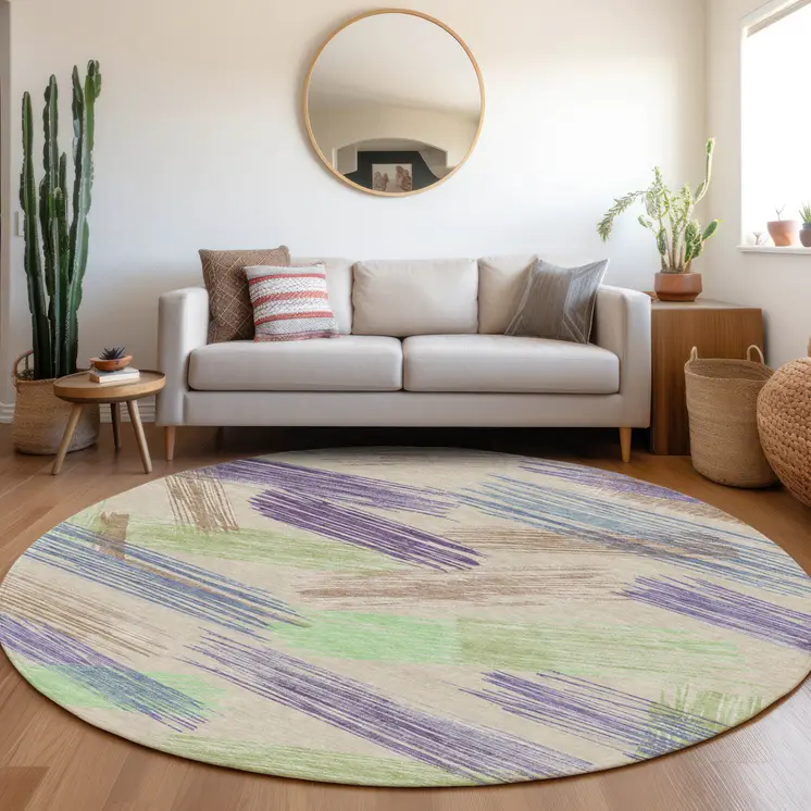 8' Beige Purple And Taupe Round Striped Washable Indoor Outdoor Area Rug