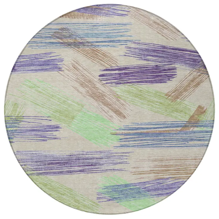 8' Beige Purple And Taupe Round Striped Washable Indoor Outdoor Area Rug