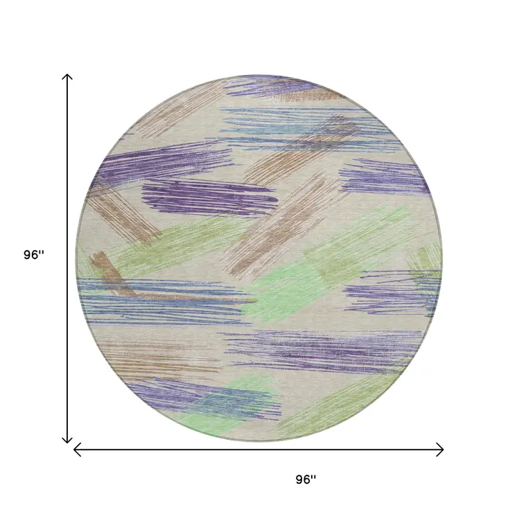8' Beige Purple And Taupe Round Striped Washable Indoor Outdoor Area Rug