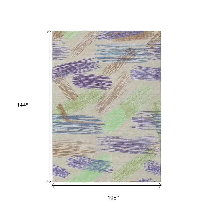 9' X 12' Beige Purple And Taupe Striped Washable Indoor Outdoor Area Rug