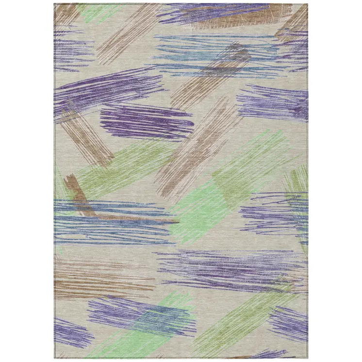 9' X 12' Beige Purple And Taupe Striped Washable Indoor Outdoor Area Rug
