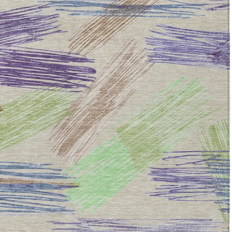 9' X 12' Beige Purple And Taupe Striped Washable Indoor Outdoor Area Rug