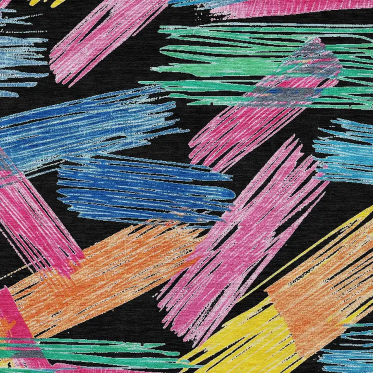 3' X 5' Black Pink Yellow Orange And Blue Striped Washable Indoor Outdoor Area Rug