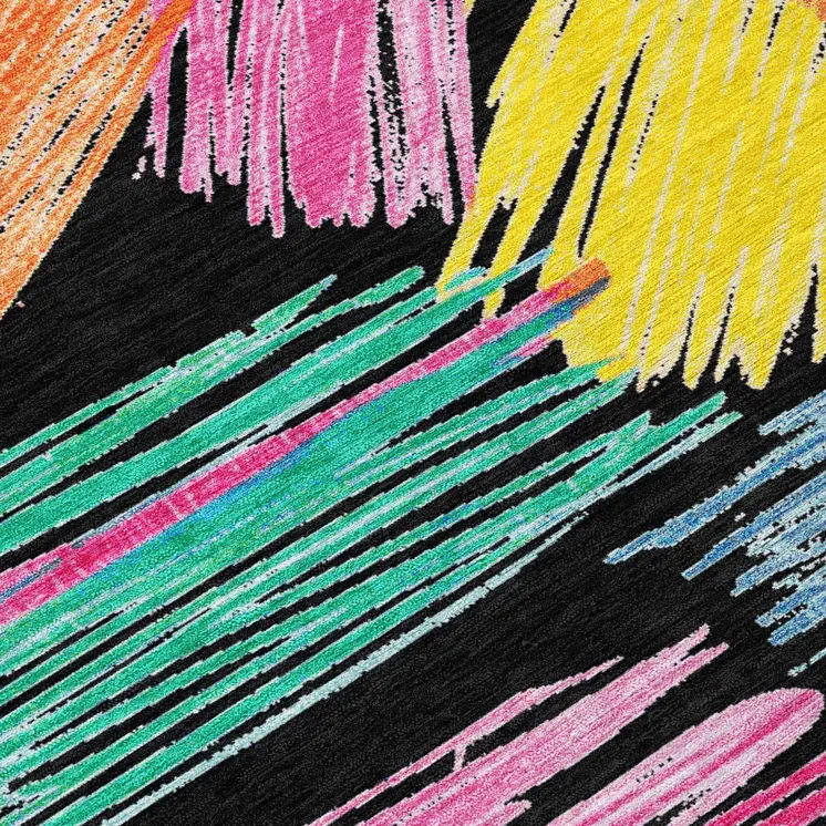 5' X 8' Black Pink Yellow Orange And Blue Striped Washable Indoor Outdoor Area Rug