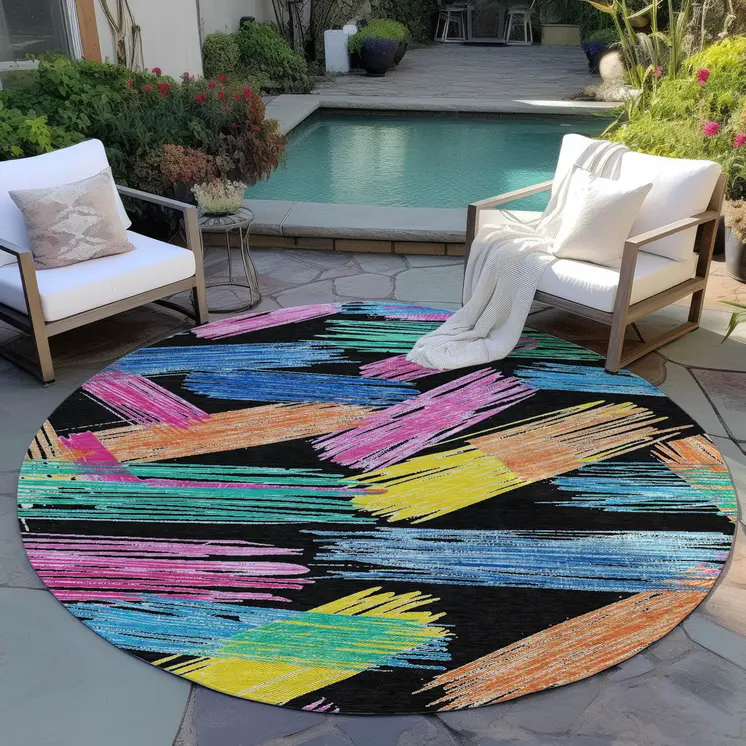 8' Black Pink Yellow Orange And Blue Round Striped Washable Indoor Outdoor Area Rug