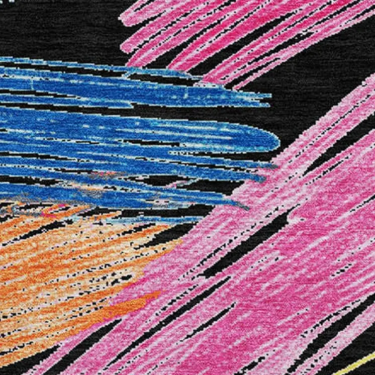 8' Black Pink Yellow Orange And Blue Round Striped Washable Indoor Outdoor Area Rug