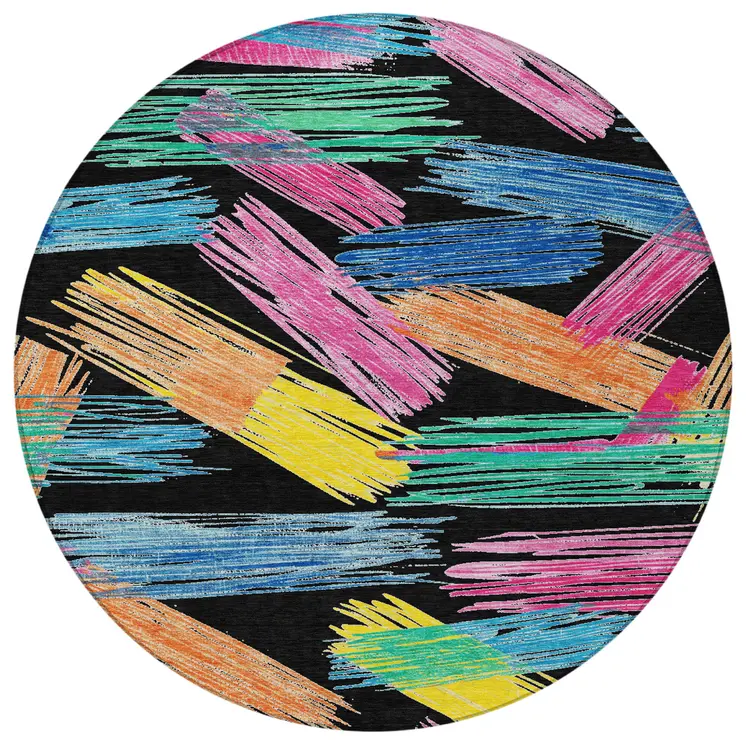 8' Black Pink Yellow Orange And Blue Round Striped Washable Indoor Outdoor Area Rug