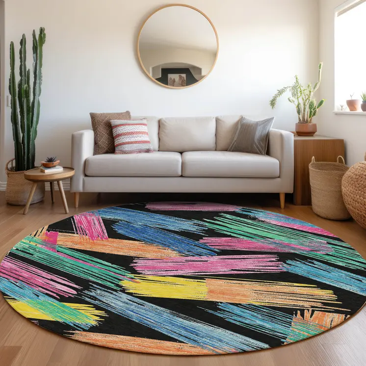 8' Black Pink Yellow Orange And Blue Round Striped Washable Indoor Outdoor Area Rug