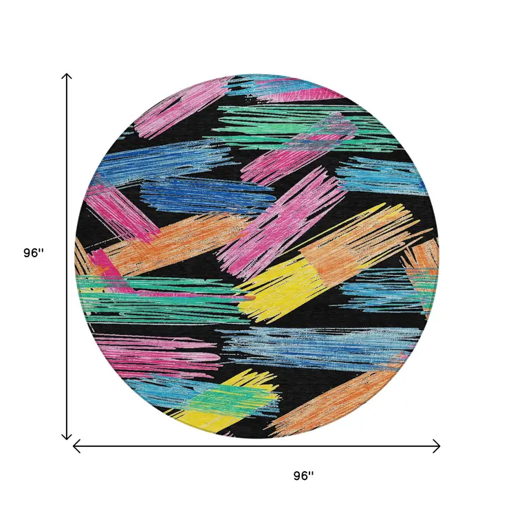 8' Black Pink Yellow Orange And Blue Round Striped Washable Indoor Outdoor Area Rug