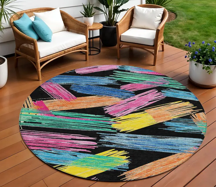8' Black Pink Yellow Orange And Blue Round Striped Washable Indoor Outdoor Area Rug