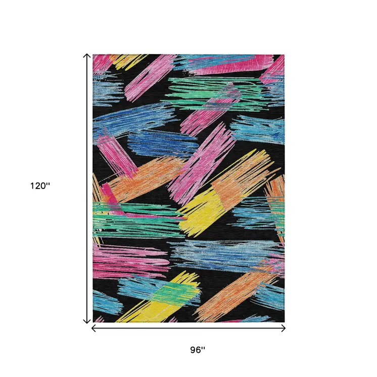 8' X 10' Black Pink Yellow Orange And Blue Striped Washable Indoor Outdoor Area Rug