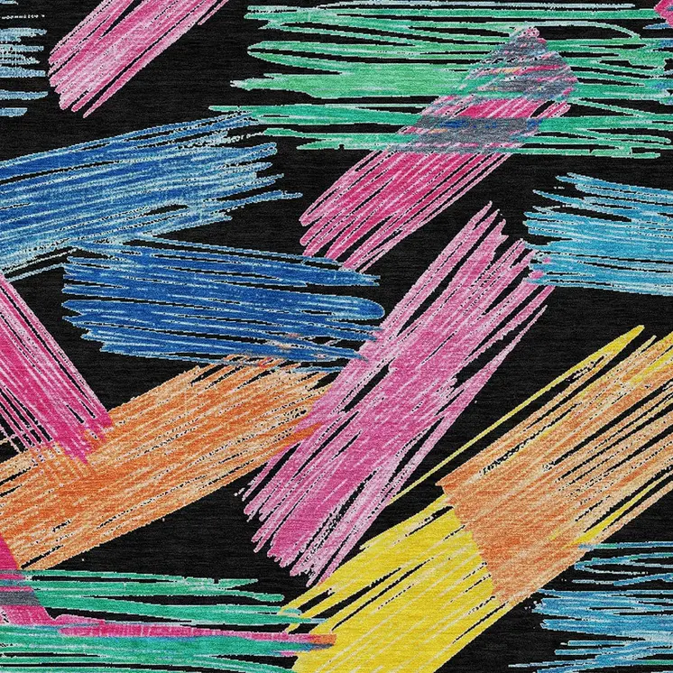 8' X 10' Black Pink Yellow Orange And Blue Striped Washable Indoor Outdoor Area Rug