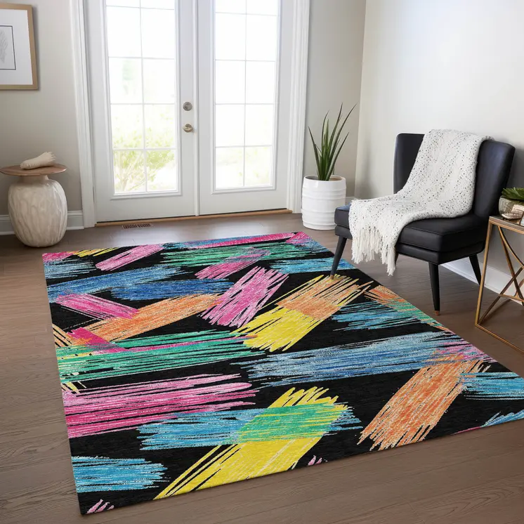8' X 10' Black Pink Yellow Orange And Blue Striped Washable Indoor Outdoor Area Rug