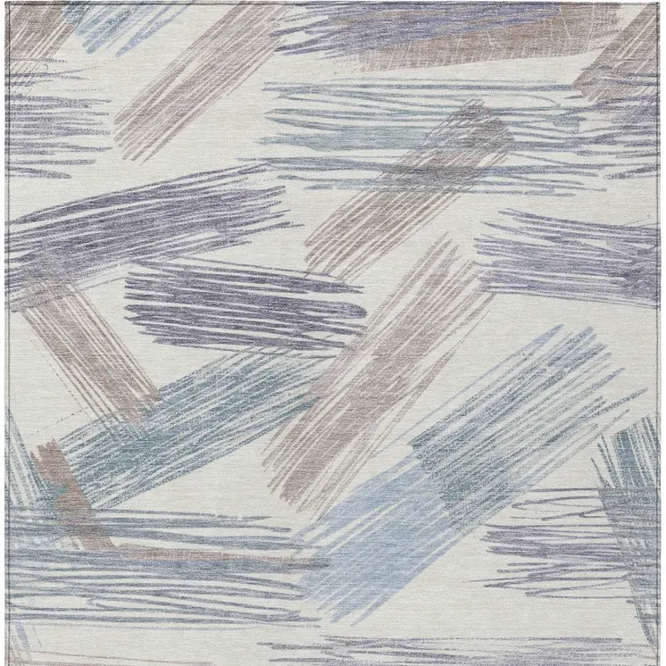 5' X 8' Ivory Taupe And Blue Striped Washable Indoor Outdoor Area Rug