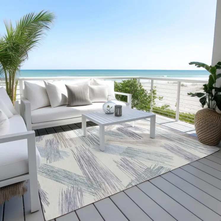 5' X 8' Ivory Taupe And Blue Striped Washable Indoor Outdoor Area Rug