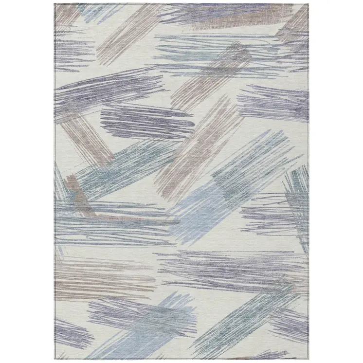 5' X 8' Ivory Taupe And Blue Striped Washable Indoor Outdoor Area Rug
