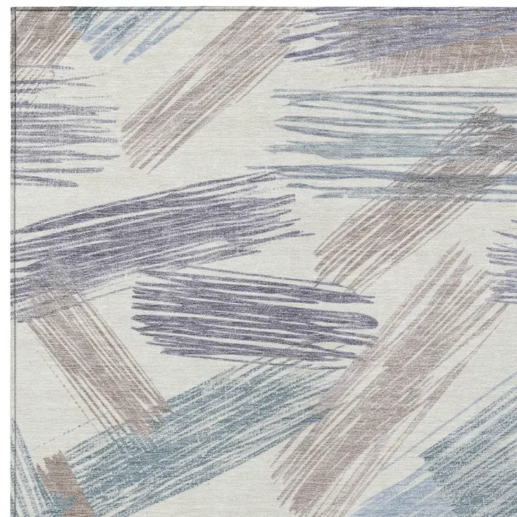 5' X 8' Ivory Taupe And Blue Striped Washable Indoor Outdoor Area Rug