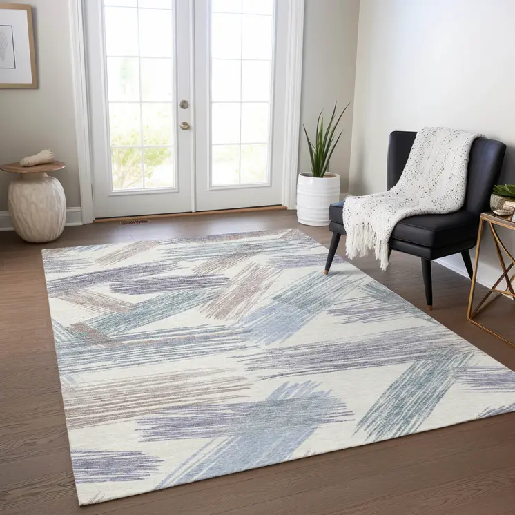 5' X 8' Ivory Taupe And Blue Striped Washable Indoor Outdoor Area Rug