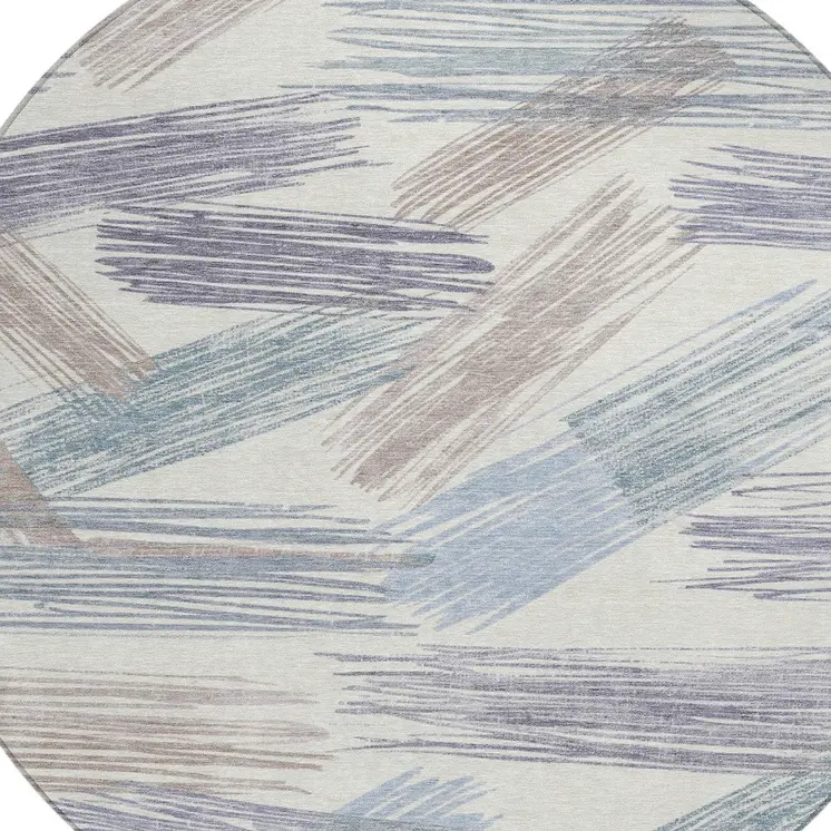 8' Ivory Taupe And Blue Round Striped Washable Indoor Outdoor Area Rug