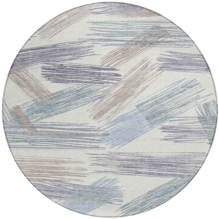 8' Ivory Taupe And Blue Round Striped Washable Indoor Outdoor Area Rug