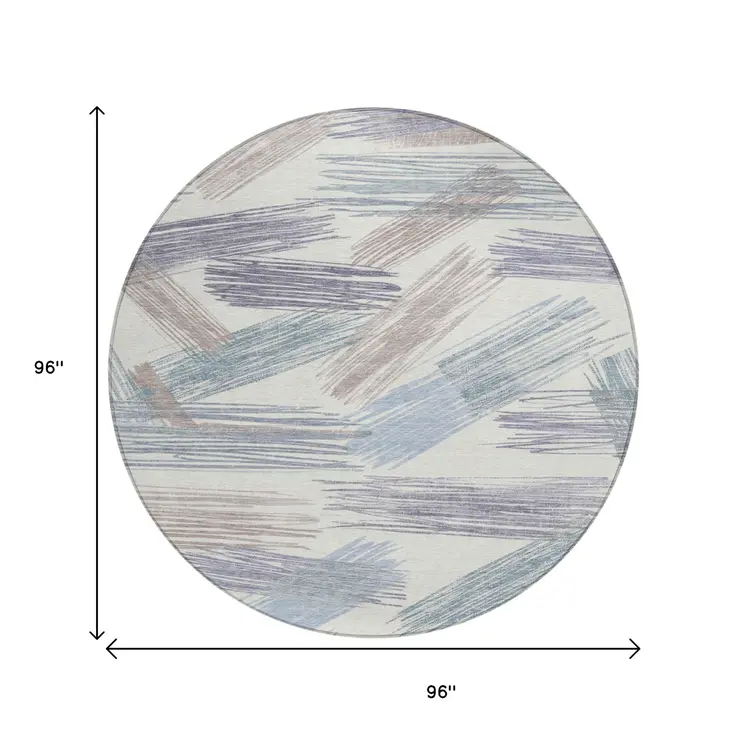 8' Ivory Taupe And Blue Round Striped Washable Indoor Outdoor Area Rug