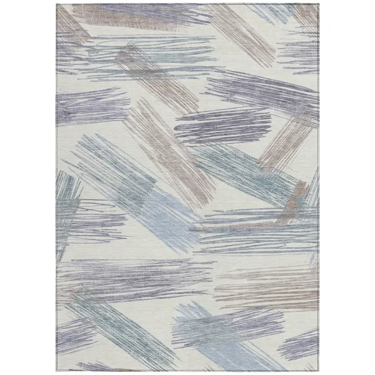 8' X 10' Ivory Taupe And Blue Striped Washable Indoor Outdoor Area Rug
