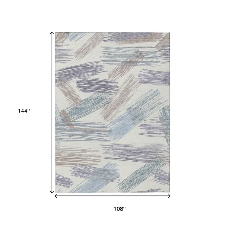 9' X 12' Ivory Taupe And Blue Striped Washable Indoor Outdoor Area Rug