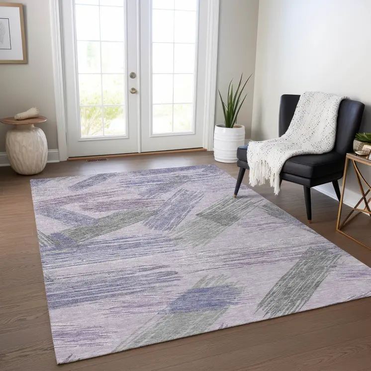 3' X 5' Lavender Lilac And Ivory Striped Washable Indoor Outdoor Area Rug