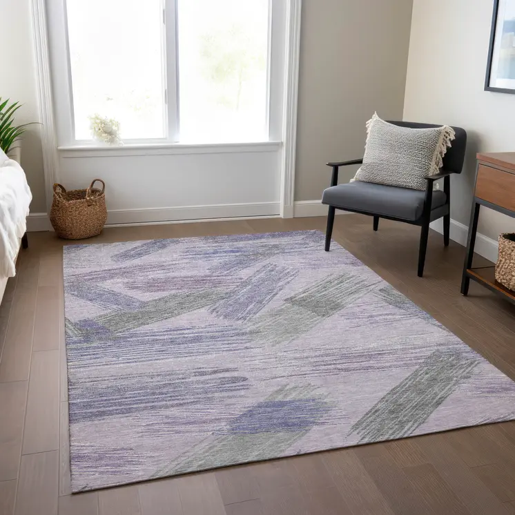 3' X 5' Lavender Lilac And Ivory Striped Washable Indoor Outdoor Area Rug
