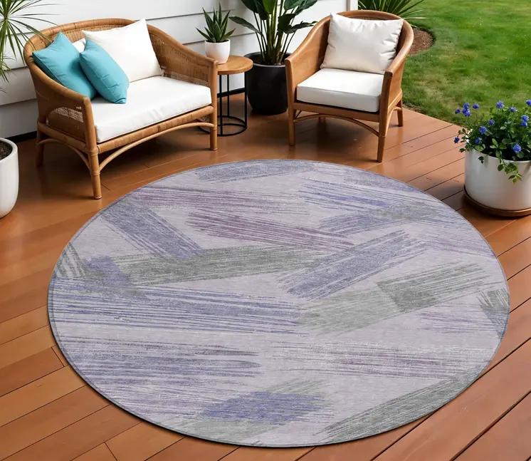 8' Lavender Lilac And Ivory Round Striped Washable Indoor Outdoor Area Rug