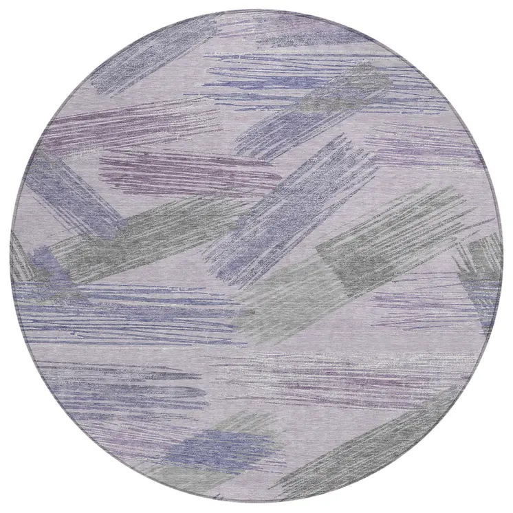 8' Lavender Lilac And Ivory Round Striped Washable Indoor Outdoor Area Rug