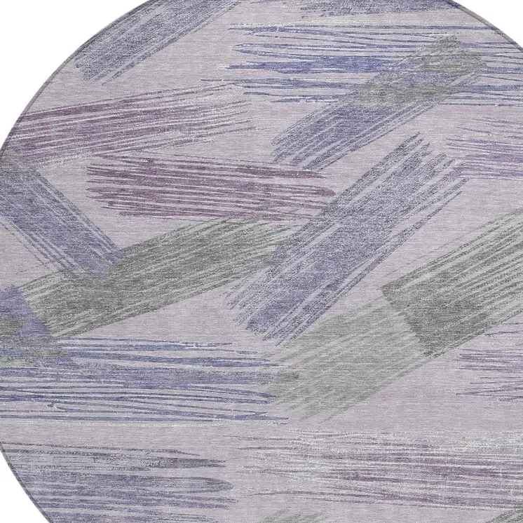 8' Lavender Lilac And Ivory Round Striped Washable Indoor Outdoor Area Rug