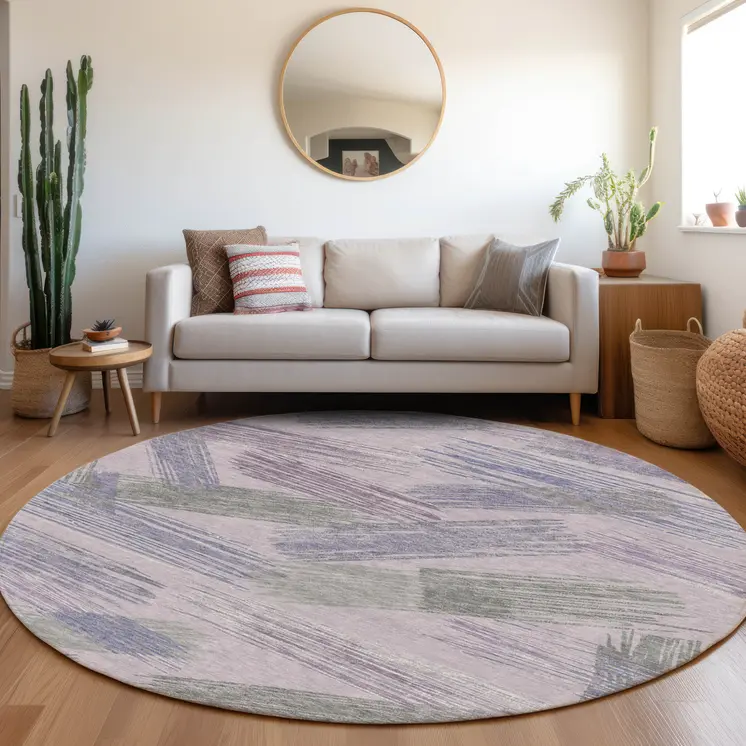 8' Lavender Lilac And Ivory Round Striped Washable Indoor Outdoor Area Rug