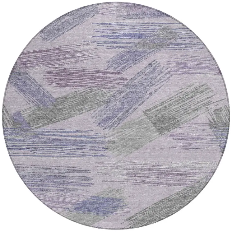 8' Lavender Lilac And Ivory Round Striped Washable Indoor Outdoor Area Rug