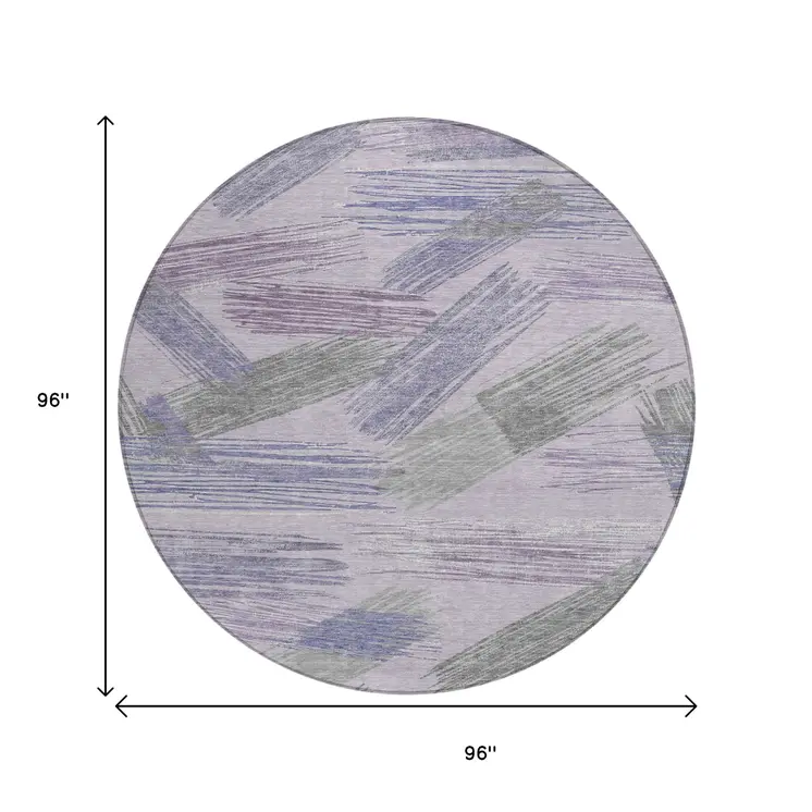 8' Lavender Lilac And Ivory Round Striped Washable Indoor Outdoor Area Rug